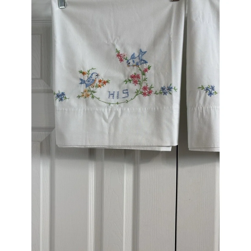 His Hers Pair of Vintage Hand Embroidered Standard Pillowcases Cottagecore